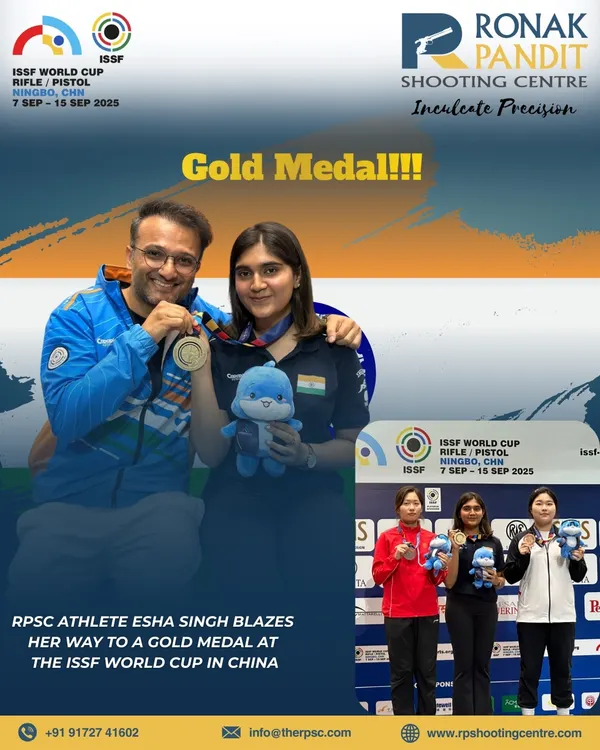 A historic gold medal for our athlete Esha Singh at the ISSF World Cup in China. This image captures the joy of her triumph on the podium, a moment that represents the culmination of countless hours of precision training and unwavering focus.