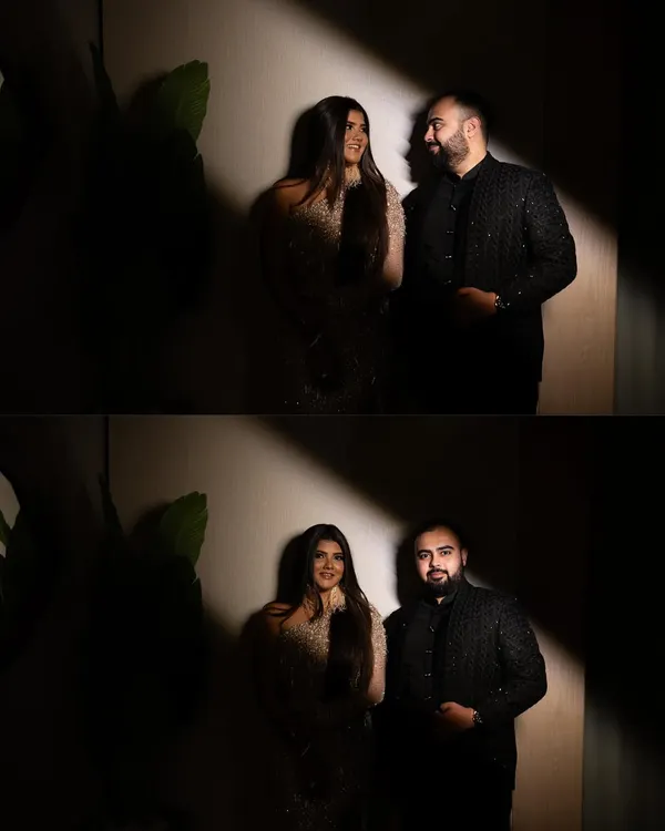 A moody and romantic collage of a couple's after-party shoot, using dramatic lighting and shadows to create an intimate atmosphere.