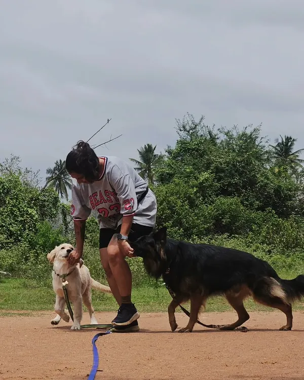 This is what it's all about. Here I am with my German Shepherd, Duggu, helping the adorable Golden Retriever puppy Ari learn how to be calm and confident around another dog. My goal is to create positive, safe introductions that build trust from day one.