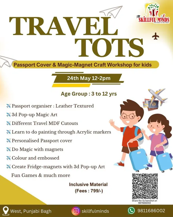 Get ready for an adventure with our "Travel Tots" workshop. This poster details a session where kids create their own leather-textured passport covers and 3D pop-up magic magnets.