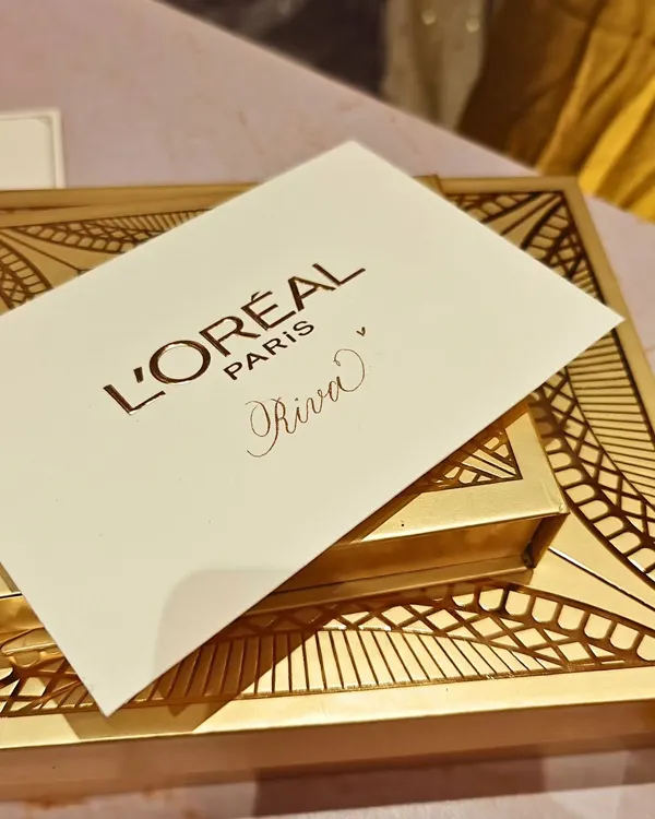 A moment from the L'Oréal Paris Diwali party, where I provided live calligraphy services. This personalized card was for Navya Nanda, a special guest at the event.