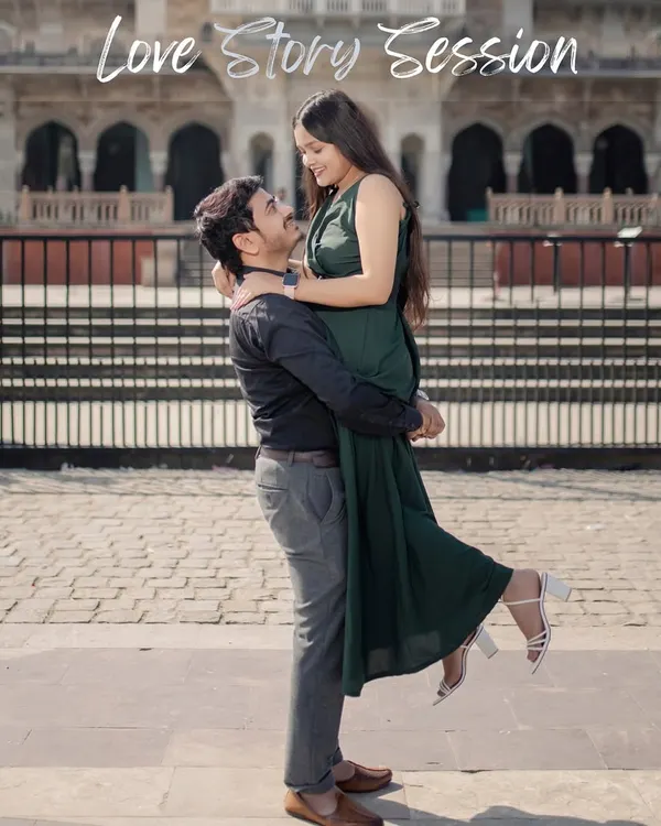 A playful lift in front of the Albert Hall Museum. This location offers a stunning architectural backdrop for both fun and formal pre-wedding portraits in Jaipur.