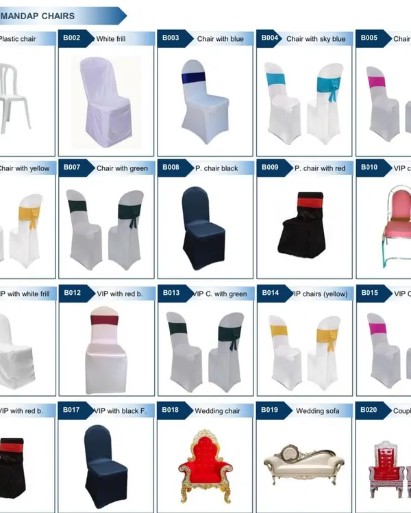 I offer a wide variety of seating options. This includes basic plastic chairs, chairs with white, black, or colored frill covers, VIP chairs, and ornate couple sofas or thrones for the main stage.