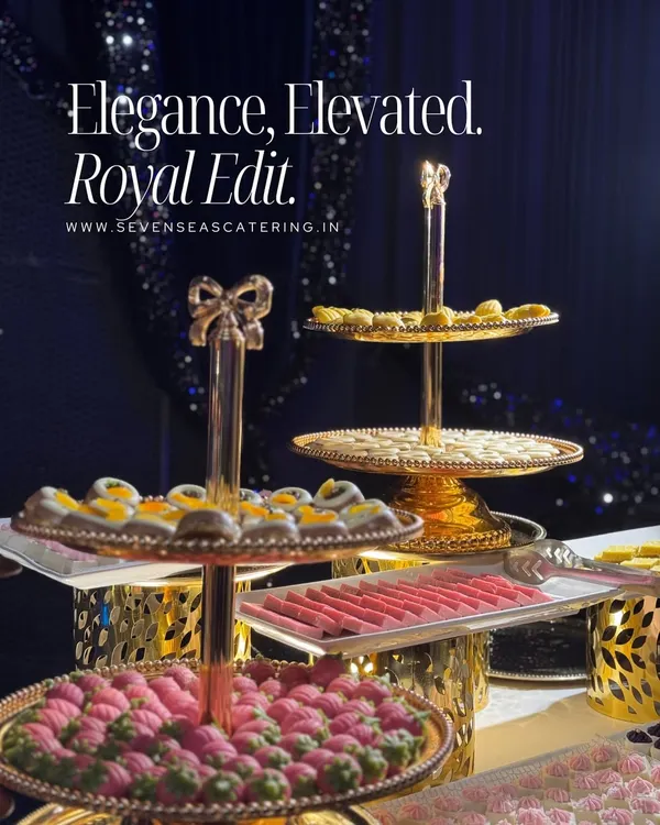 Elegance, Elevated. The Royal Edit. Why just serve sweets when you can serve a spectacle? Our tiered golden stands present a dazzling array of Indian mithai and pastries.