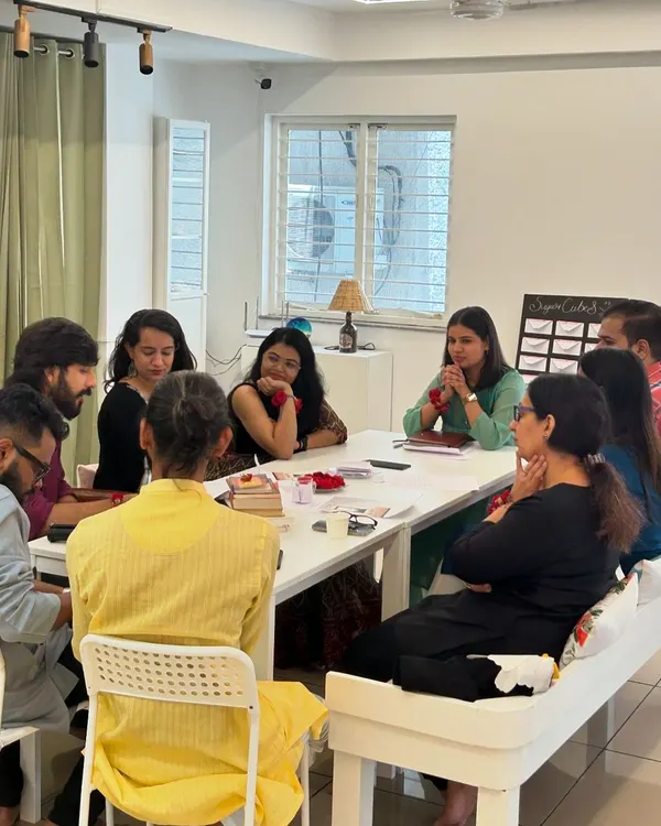 A "Guftugu" literature gathering in session. Our space is perfect for intimate discussions and creative brainstorming around a table.
