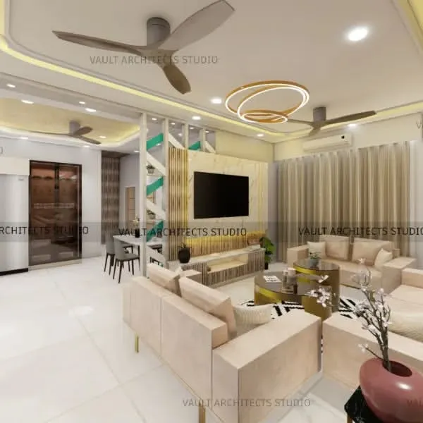 This 3D render shows a spacious and luxurious open-plan living and dining area. We used a neutral color palette, comfortable seating, and strategic lighting to create a welcoming and cohesive space for the entire family.
