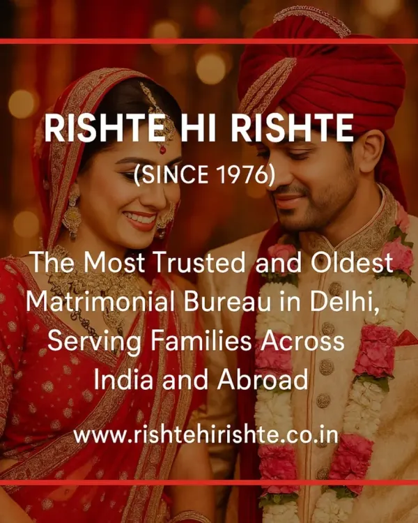 A beautiful couple, matched by us, sharing a happy moment on their wedding day. Since 1976, we have been uniting families and creating lasting bonds across India and abroad, making us Delhi's most trusted matrimonial bureau.
