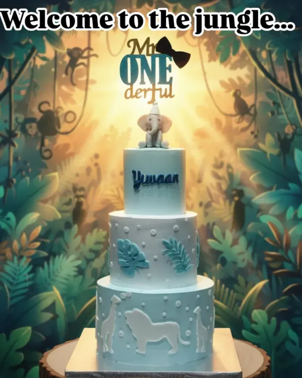 A "ONEderful" jungle-themed cake for a first birthday. This three-tiered creation features silhouettes of jungle animals and is topped with a cute fondant elephant.