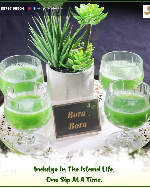 Indulge in the island life, one sip at a time. These vibrant green 'Bora Bora' mocktails are a refreshing and tropical addition to any event.