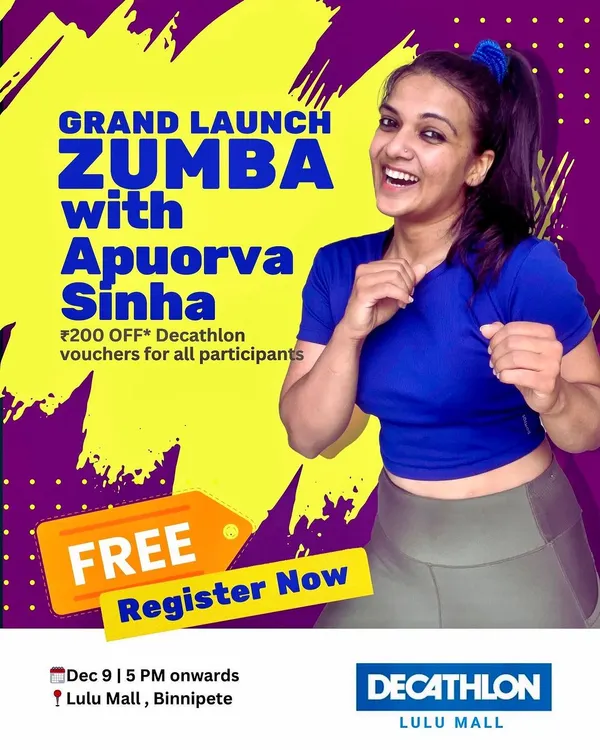 An event poster for the grand launch of a new Decathlon store. I hosted a free Zumba session to get the community moving and celebrating with us.