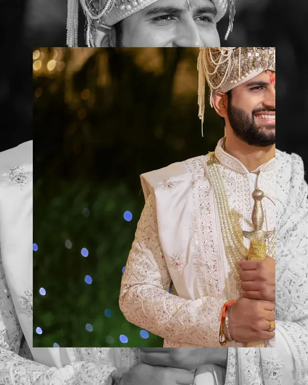 A stylish and modern groom portrait, with a creative black and white collage effect that highlights his confident smile and regal wedding attire.