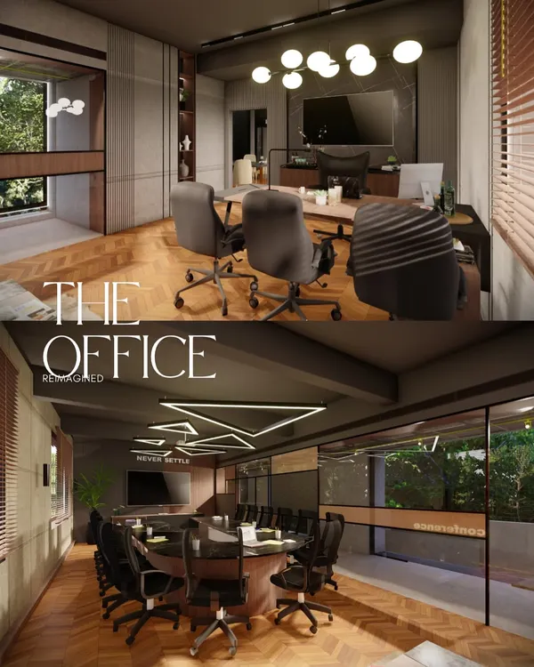 A collage showcasing a reimagined office space with sophisticated wooden flooring and modern lighting. The design includes a private director's cabin and a large conference room with glass walls, promoting both focus and transparency.