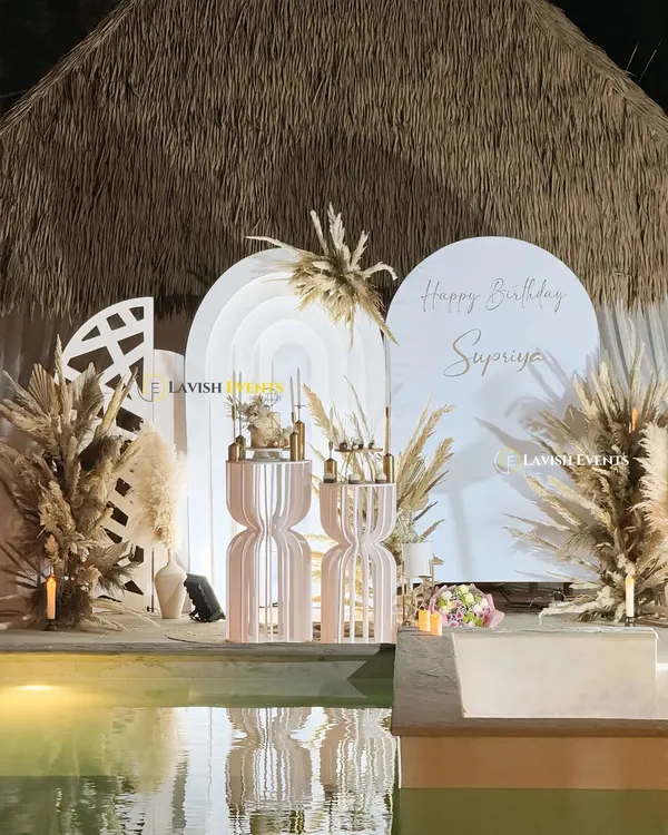 This is the vibe we bring to your celebration. A chic boho birthday setup by the pool, blending natural textures with elegant design to create a truly unforgettable, picture-perfect moment.