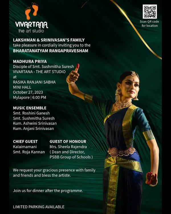 The official invitation for my student Madhura Priya's Arangetram. This marks the culmination of years of dedicated training and the beginning of her journey as a solo performer.