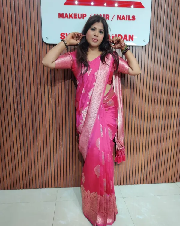 Simple folds, rich vibes, and a happy heart. This is me in a self-draped pink saree, showcasing the beauty of box pleats.