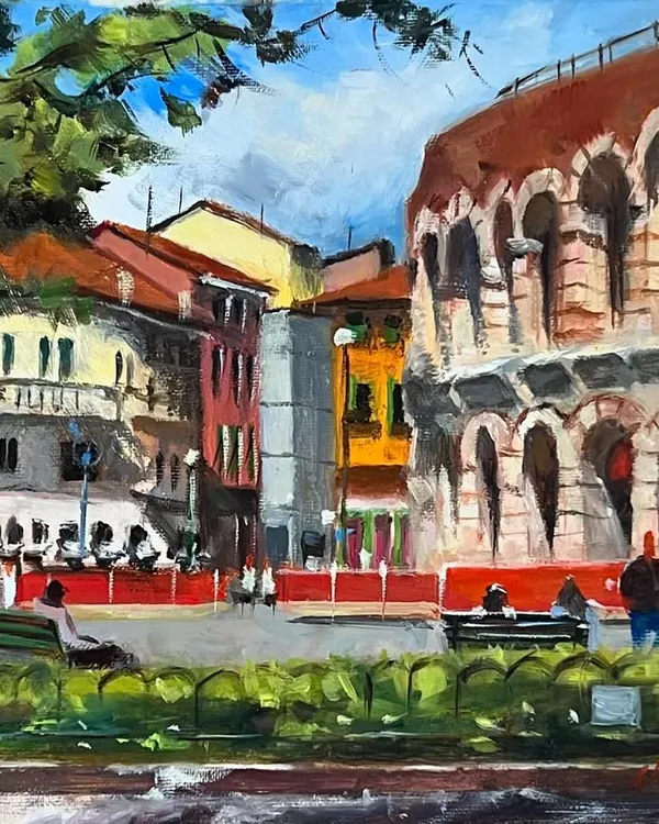 A memory from my painting trip to Italy last year, this is an oil on linen painting of Verona. I love to paint my memories, bringing the vibrant colors and light of the city to life on canvas.