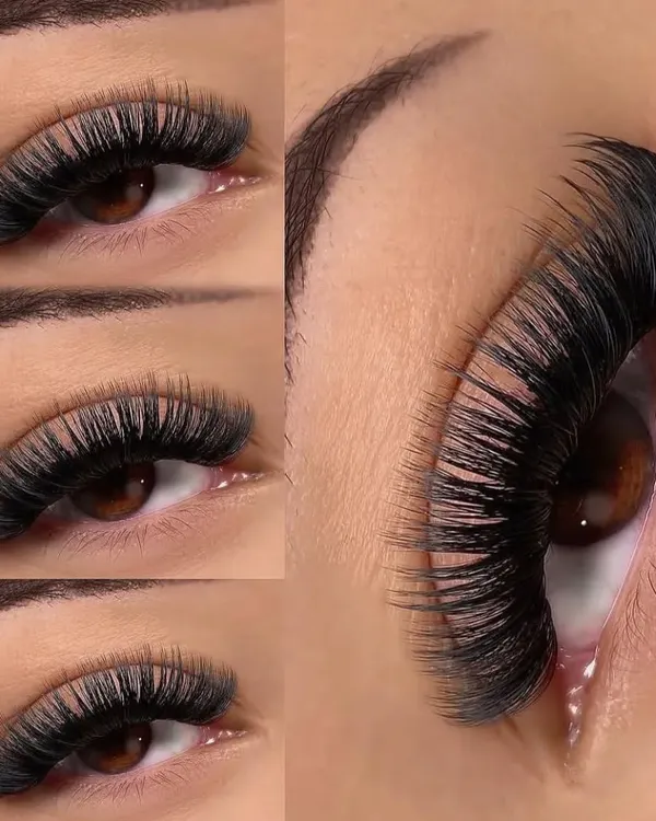 This collage showcases a stunning mega volume set from every angle. You can see the density, the perfect fan placement, and the dramatic curl that defines this popular lash style.