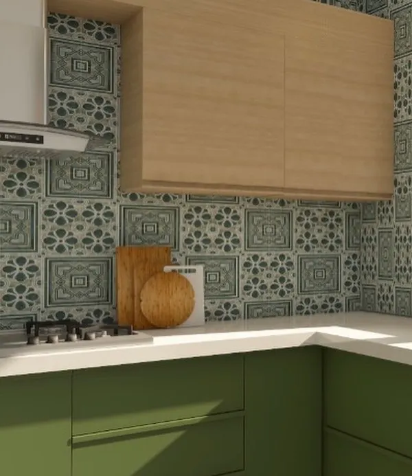This kitchen design uses a beautiful combination of materials. We've paired green laminate cabinets with light wood overhead units, a white quartz countertop, and vibrant Moroccan tiles for the backsplash to create a unique and stylish look.