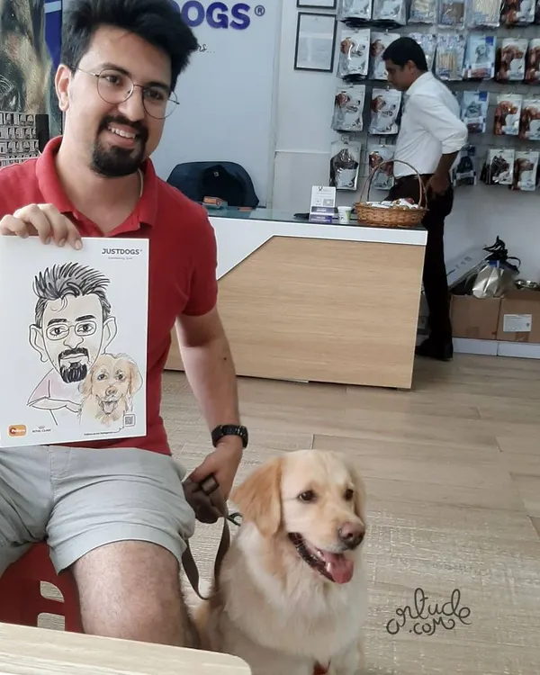 The complete package! A happy owner, his adorable dog, and a caricature that captures them both. This was from a fantastic live event with JUSTDOGS.
