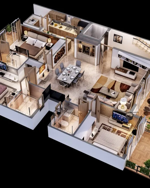 A furnished 3D floor plan of a three-bedroom apartment. This rendering clearly shows the relationship between the living room, dining area, kitchen, bedrooms, and outdoor balcony space.