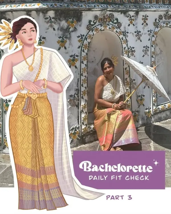 A digital illustration capturing the grace of a traditional Thai outfit I wore on my bachelorette. This is a wonderful way to remember a special travel moment and the fashion that came with it.