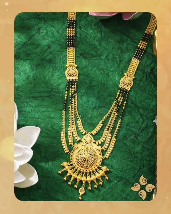 A classic multi-string gold mangalsutra with a large, circular pendant. This timeless design is a staple for any jewellery retailer, and we ensure consistent availability.