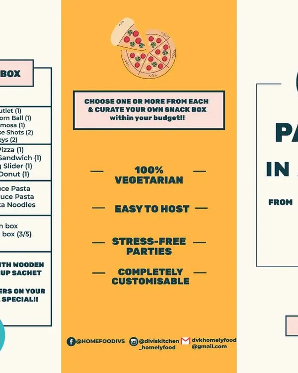 This is my official menu for the "Party in a Box" service. It shows the variety of snacks, baked delights, and mini serves you can choose from to create your own customized box.