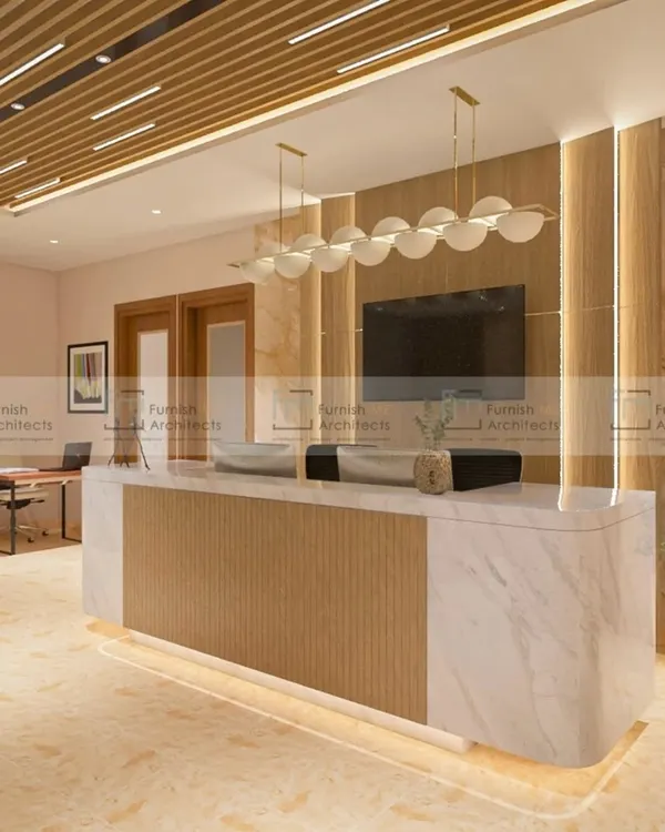 A modern hospital reception featuring a floating marble desk, warm wood accents, and elegant pendant lighting. The design aims to create a calming and welcoming first impression for patients.