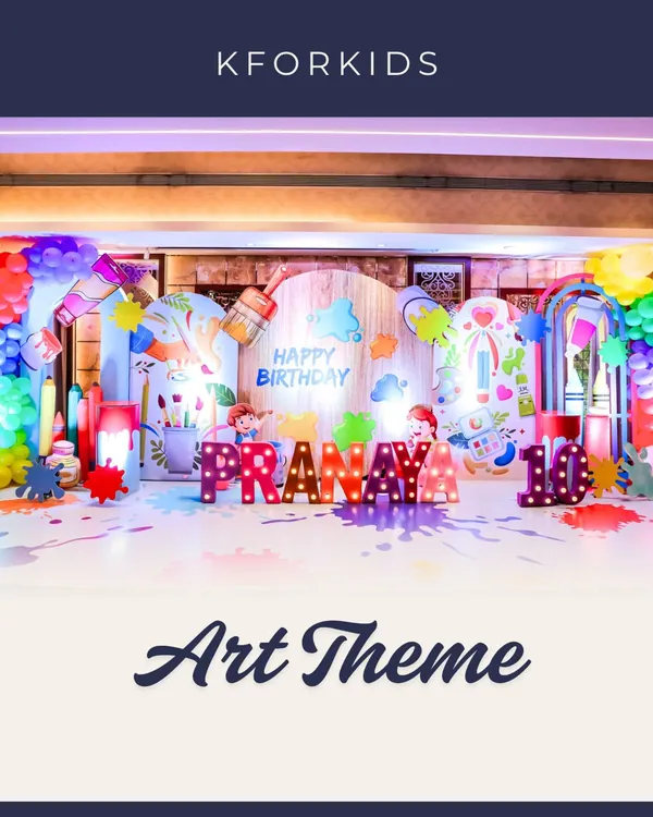 An Art Attack party is a canvas of pure fun. This theme features a vibrant backdrop with giant paintbrushes, colorful splatters, and personalized marquee letters, setting the stage for a day of creative celebration.