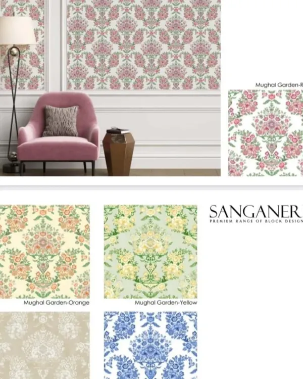 I am proud to offer my exclusive Sanganeri collection, which brings traditional Indian artistry to your walls. This Mughal Garden design, shown here in a ruby colorway, adds a royal and elegant touch to any space.