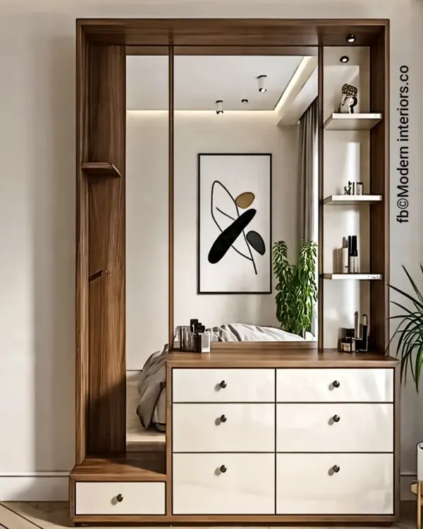 A sleek, modern dressing unit with an asymmetrical design. It features a full-length mirror, six white drawers for ample storage, and open shelving on both sides for displaying perfumes and accessories.