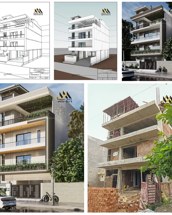 This collage perfectly illustrates our design and build journey. We begin with a 2D architectural drawing, develop it into a 3D model and realistic render, and then execute the vision on-site, ensuring complete alignment from start to finish.