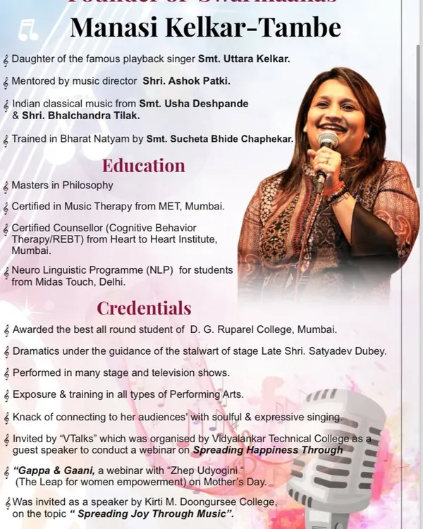 A little about my background. I am the daughter of playback singer Smt. Uttara Kelkar and have been mentored by music director Shri. Ashok Patki. My training in music, dance, and counseling all come together in my teaching.