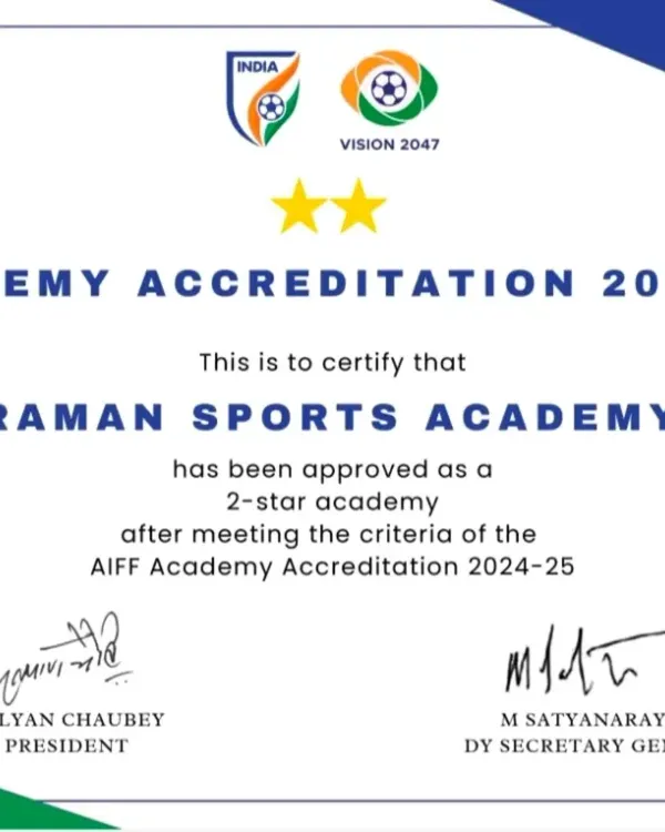 This is our official Academy Accreditation for 2024-25. Raman Sports Academy is approved as a 2-star academy by the AIFF, meeting the national criteria for excellence in football training.