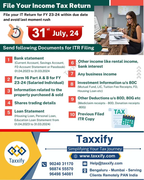 This is a comprehensive checklist of the documents required for filing your return for FY 23-24. It covers everything from bank statements and Form 16 to details on property, shares, loans, and other deductions, ensuring we have all the information for an accurate filing.