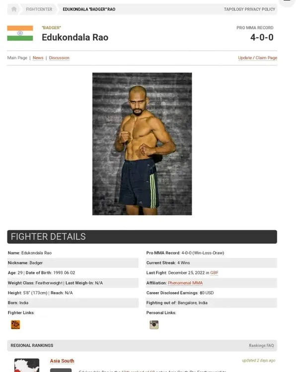 The official Tapology record for Edukondal "Badger" Rao, ranked 8th in the South Asia pro lightweight division. The stats speak for themselves.