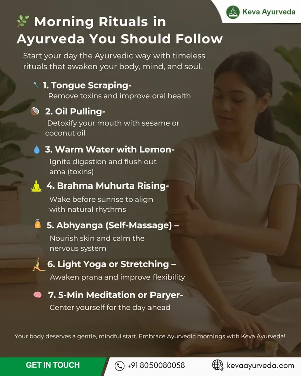Start your day the Ayurvedic way with these powerful morning rituals. This graphic outlines simple practices like tongue scraping, oil pulling, and Abhyanga (self-massage) that I recommend to cleanse the body and calm the mind.