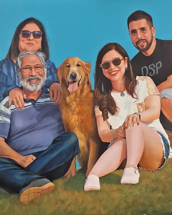 This hand-painted family portrait, created from a client's photograph, sought to capture a moment of relaxed joy. My focus was on the warm interactions between family members and their beloved pet, using acrylics to render lifelike expressions and textures.