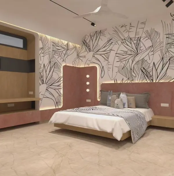 This bedroom is all about making a statement. The custom black and white tropical mural behind the bed acts as a stunning focal point. I designed an integrated desk and headboard in soft pink and light wood to create a space that is both inspiring and comfortable.