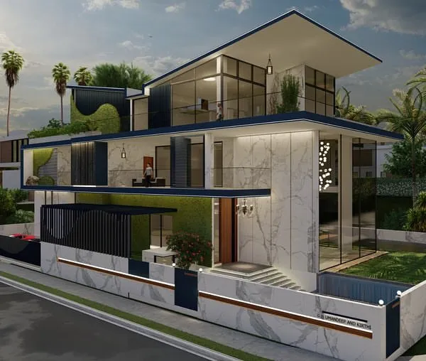We designed this multi-level villa to be a statement of modern luxury. The facade combines vast glass panels with textured marble and integrated green spaces, creating a dynamic interplay of materials and a strong connection to the outdoors.