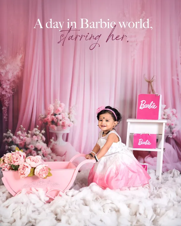 A day in Barbie world, starring her. This setup is a dream come true for little ones, with pink drapes, fluffy clouds, and all the right accessories.