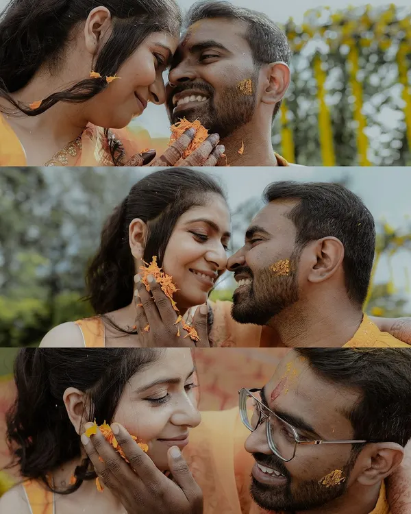 A collage of close-up, intimate moments during the Haldi. These shots focus on the playful and loving interactions between the bride and groom.