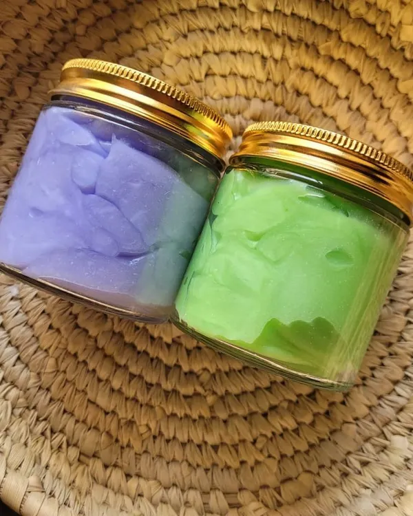 My Body Yogurts in Lavender and Lemongrass scents, sealed in glass jars. They contain SPF 30 for sun protection and have a lightweight formula that absorbs instantly.