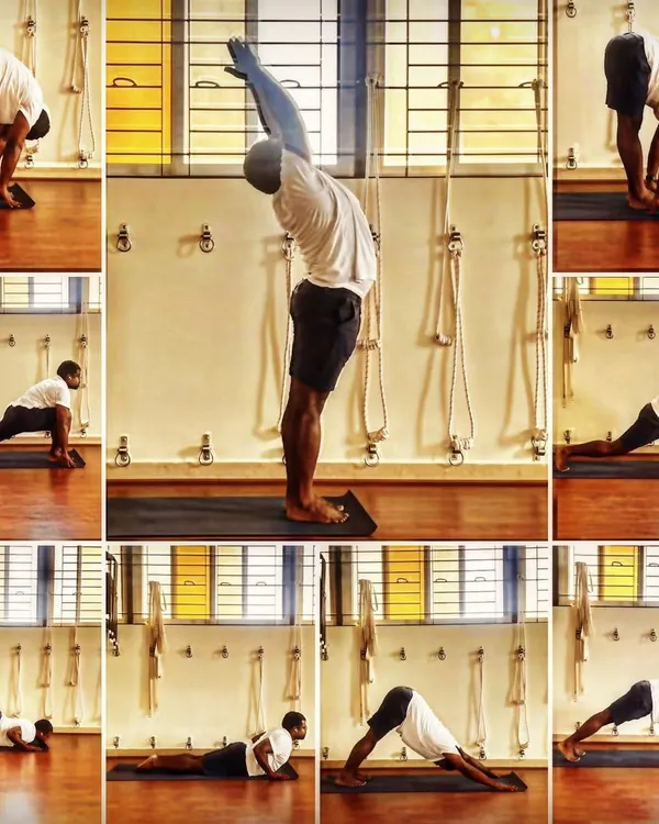 The Surya Namaskara, or Sun Salutation, is a cornerstone of our practice for its ability to sync the body with its natural circadian rhythms. This collage shows the key movements of the sequence, which helps regulate the nervous system and awaken the entire body.