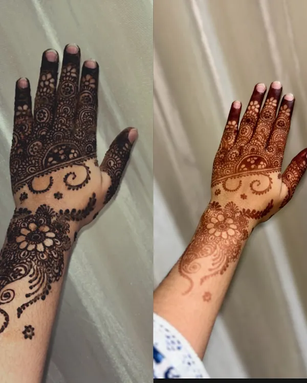 A perfect side-by-side comparison. The left shows the design with the fresh paste on, and the right shows the beautiful, deep orange stain after the paste has been removed and the color has developed.