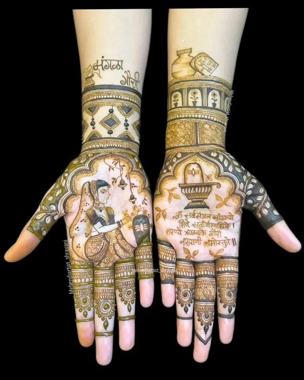 A custom design for the Mangla Gauri festival. On one palm, I depicted a woman performing the puja, and on the other, a Shivling with a sacred shloka, capturing the essence of the ritual.