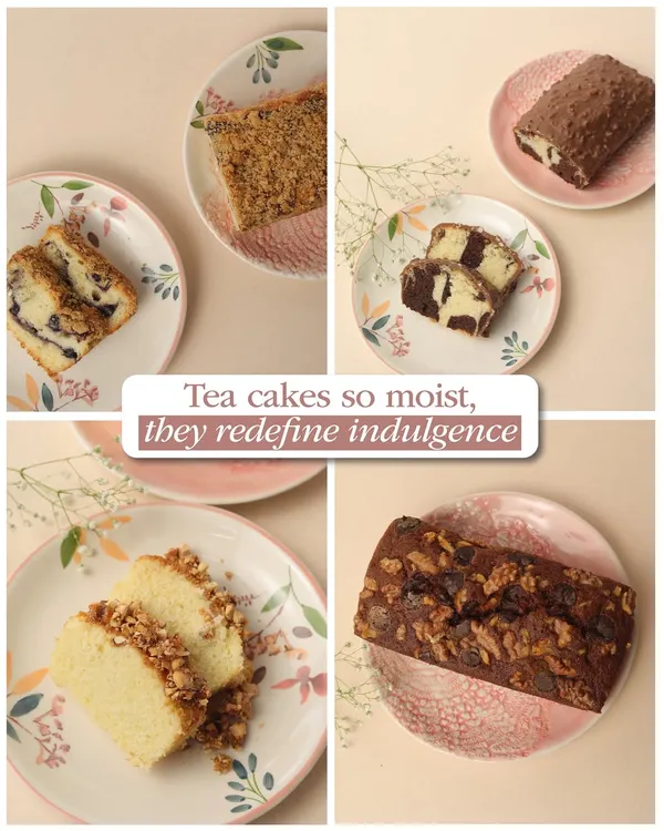 A collage of my moist and indulgent tea cakes. From classic marble and walnut to blueberry crumble, there's a flavor for every mood.