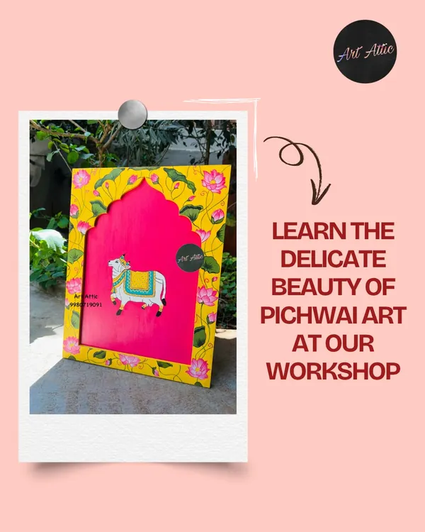 Learn the delicate beauty of Pichwai art in my workshops. This traditional form, featuring motifs like cows and lotuses, is perfect for creating serene and soulful decor.