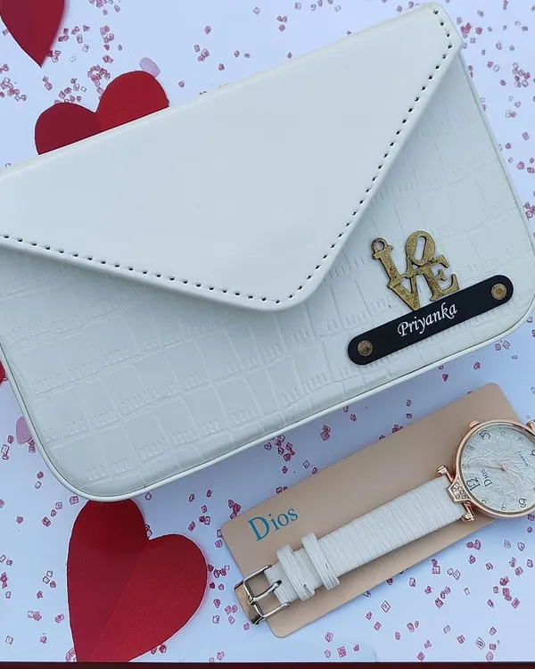 A chic and stylish gift for her, this combo includes a personalized croc-textured sling bag and a matching Dios wristwatch. This set is shown in a beautiful pure white color.