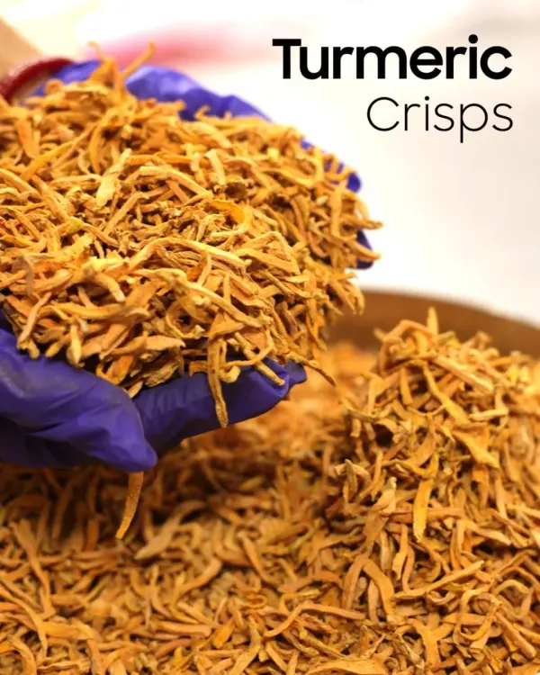 These are my Turmeric Crisps, made from young, seasonal turmeric found only in the winter. They are less fibrous and cleaner in texture, making them extra crispy and flavourful.